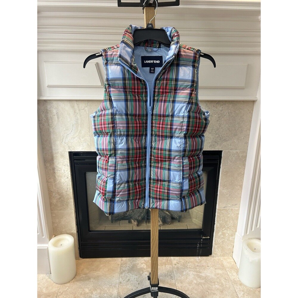 LANDS END Women’s BLUE Red Green HOLIDAY Plaid VEST Jacket S(6-8)
